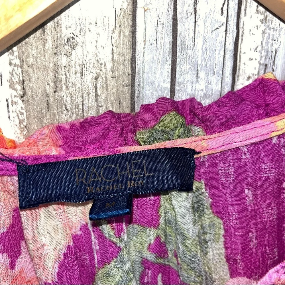 Rachel Roy Floral Blouse Medium Pink Orange Puff Sleeve Boho Top Women - Picture 5 of 5